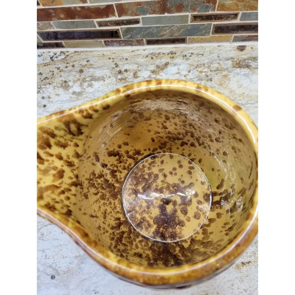 Antique Morton Potteries Spongeware Yellowware Barrel Pitcher Woodland Glaze